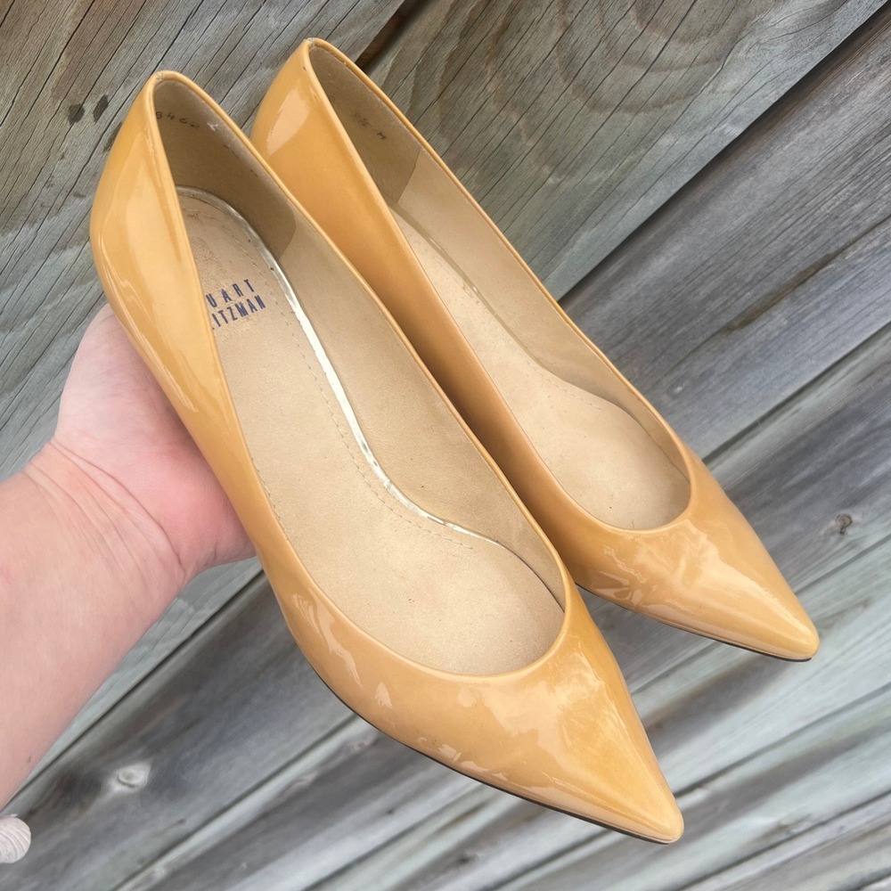 Stuart Weitzman Power 50 Pump Women 9.5 M Tan Good Patent Leather Kitten Heel